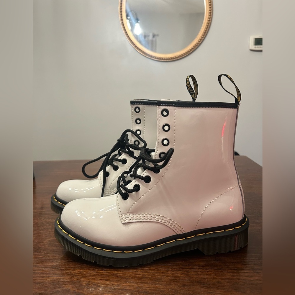 Dr. Martens White Patent Lace-Up Combat Boots with Black Laces